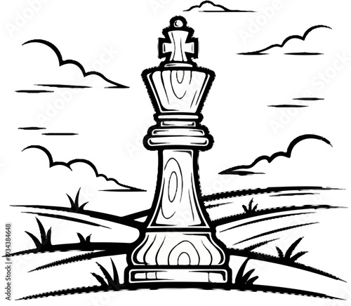 A solitary king chess piece stands tall against a sky with stylized clouds