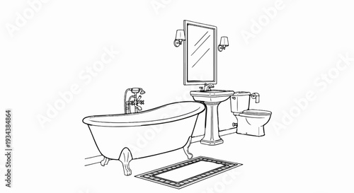 Black and white illustration of a classic bathroom with clawfoot tub, sink, and toilet
