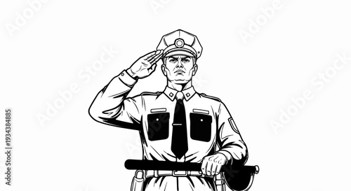 Black and white illustration of a police officer saluting, holding a baton