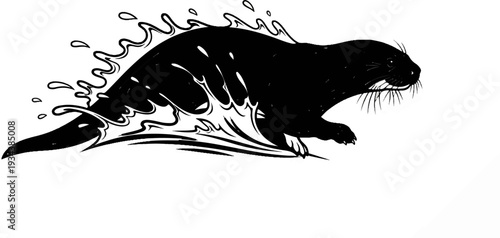 Black silhouette of an otter swimming with stylized water splashes
