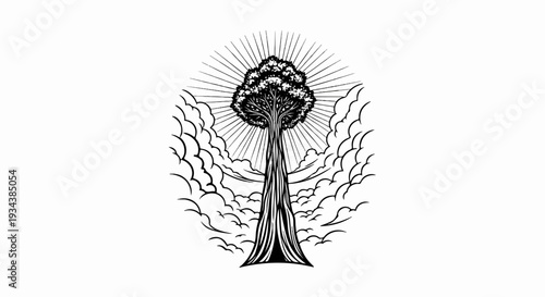 Tall, stylized tree with radiating lines and swirling clouds
