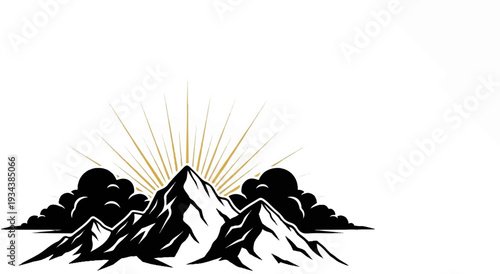 Stylized mountain peaks with radiating golden sun and dark clouds