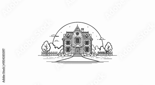 Stylized line art depicts an old-fashioned stone house with a peaked roof and arched top