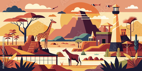 African savanna landscape with giraffe birds and distant mountains