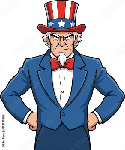 Uncle Sam Cartoon Character with Patriotic Hat and Stern Expression.