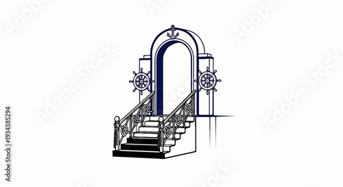 An arched entranceway with ship wheels and stairs