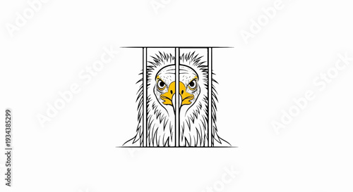An eagle's face is behind bars, with yellow eyes and beak