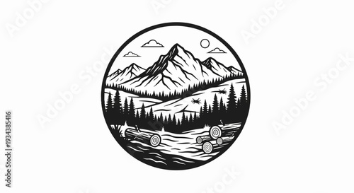 Circular emblem of a mountain landscape with felled trees in foreground