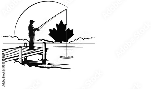 Angler on dock casts line toward maple leaf silhouette over water