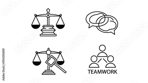 Law and teamwork icons: scales of justice, speech bubbles, gavel, and team collaboration