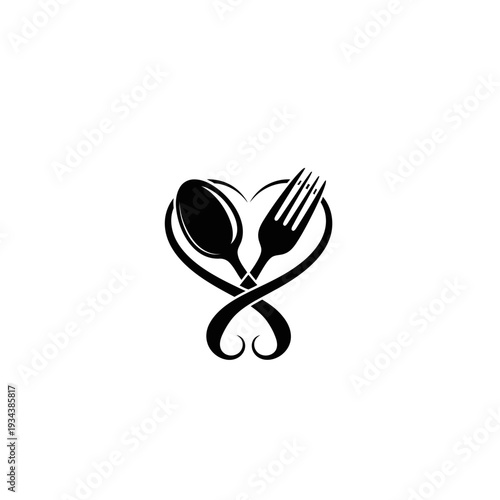 Heart Shaped Spoon and Fork Logo - Love Food Symbol