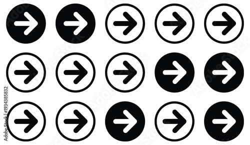 Arrow symbols vector pack, right pointing next navigation buttons in clean geometric style, monochrome icons suitable for digital interface, infographic and graphic design projects.