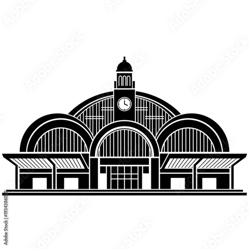 Iconic Train Station Building Facade with Arches and Clock Tower - Black and White Silhouette