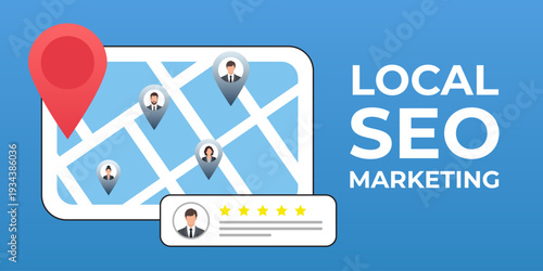 Local SEO for small businesses. Local SEO marketing based on customer ratings and reviews. Regional listings with maps, red pins, and star ratings for nearby places. Local search concept illustration