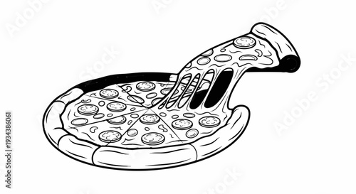 Black and white drawing of a pizza with a slice being pulled out, revealing melted cheese