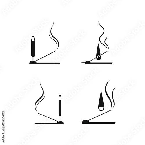 Incense Sticks and Cones Burning with Smoke - Set of 4 Icons