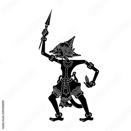 Indonesian Wayang Kulit Shadow Puppet Warrior with Spear, Traditional Javanese Art