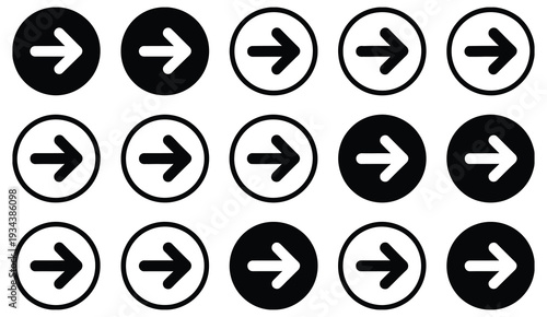 Arrow icon vector set, right direction next button navigation symbols in modern minimal style, black solid and outline arrows isolated on white background for web and mobile interface design.