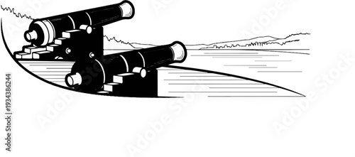 Black and white illustration of two cannons on a platform overlooking water and a distant shoreline