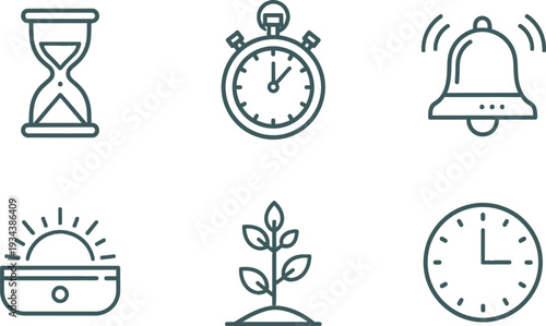 Set of clean line art icons illustrates abstract concepts related to time management.