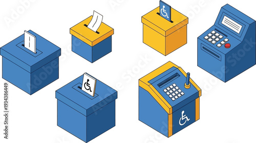 Collection of isometric voting and ticketing machines represents secure civic participation.