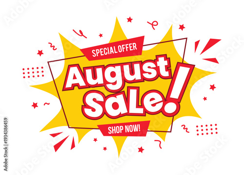 Dynamic August Sale special offer promotion banner with speech bubble, explosion, star, and splash. Yellow and Red May Sale banner in pop art design style. Vector Illustration.