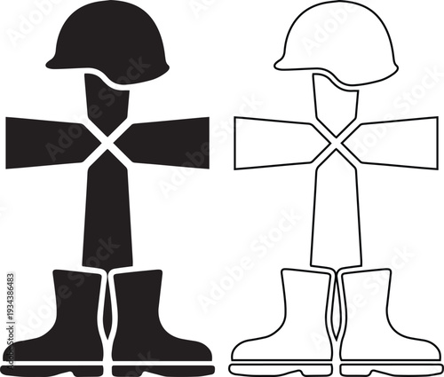 vector icon set features a fallen soldier memorial cross with a military helmet and combat boots, symbolizing honor and sacrifice in silhouette and outline styles.