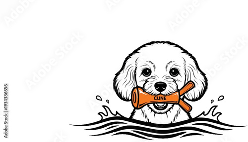 Fluffy dog swimming with an orange toy in its mouth