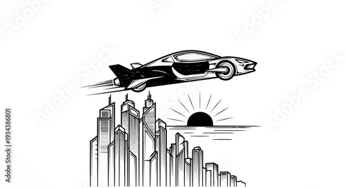 Futuristic car flies over a city at sunrise
