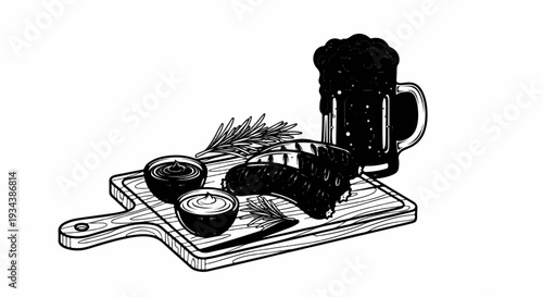 Grilled sausages, dipping sauces, herbs and a frothy beer on board