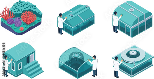 Scientists working with isometric laboratory equipment including greenhouses and sealed.