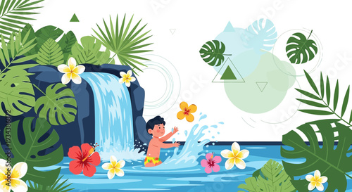 Boy Playing in Tropical Waterfall with Exotic Flowers