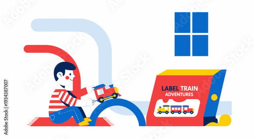 Boy Playing With Toy Train and Building Blocks, Childhood Imagination