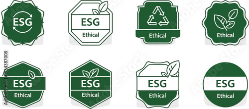 Collection of eight green ethical and ESG concept badges featuring leaves and recycling.