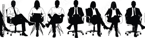 Professional business people silhouettes sitting in chairs for corporate meeting seminar interview and office conference group discussion concept isolated on white background