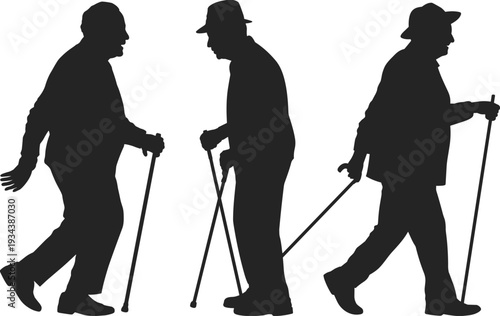 Elderly man walking with cane silhouette set isolated on white background, senior citizen mobility concept illustration for healthcare, aging, retirement and active lifestyle design