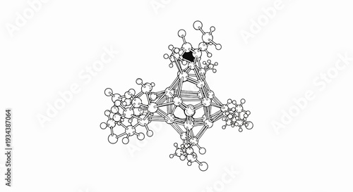 Intricate molecular model depicting a complex arrangement of interconnected atoms and bonds
