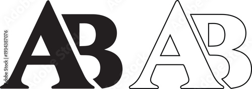 vector icon features the overlapping alphabet letters A and B as a typographic monogram, presented in both solid black silhouette and line outline styles for logo design.
