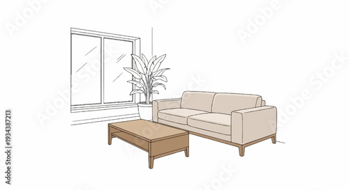 Minimalist living room with couch, coffee table, plant, and large window