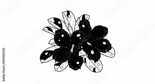Monochrome sketch of a cluster of dark, stylized flowers with veined leaves
