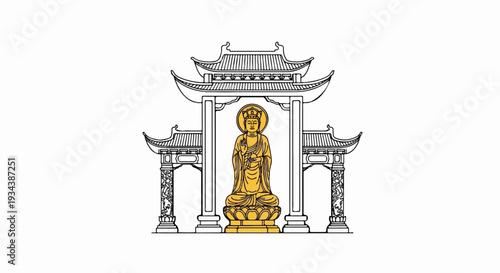 Ornate Asian gateway framing a golden Buddha statue on a lotus throne