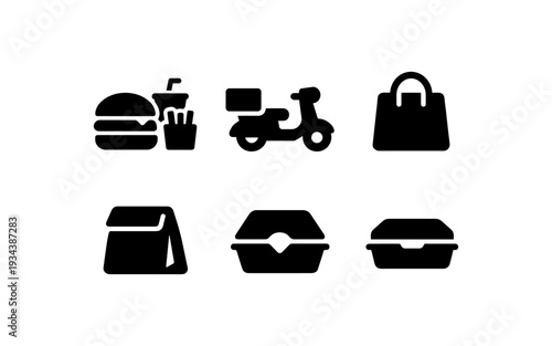 Collection of food delivery icons including a burger meal, scooter, shopping bag, and takeout containers