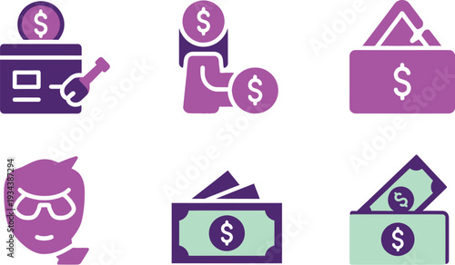 Purple and green isometric icons depict various aspects of digital financial transactions.