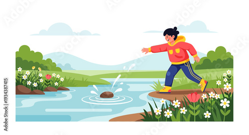 Boy skipping stones on water, spring nature landscape with flowers and greenery