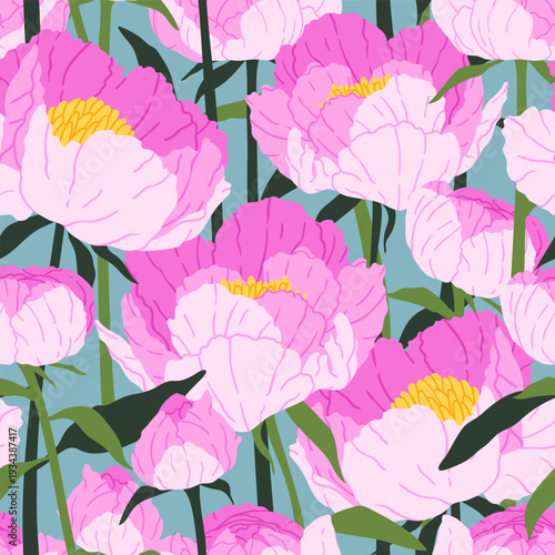 Hand drawn seamless pattern of peony flowers. Floral natural background spring flowers. Botanical design for holiday decorations, Mother's Day, Easter, Women's Day, wrapping paper, fabric, print