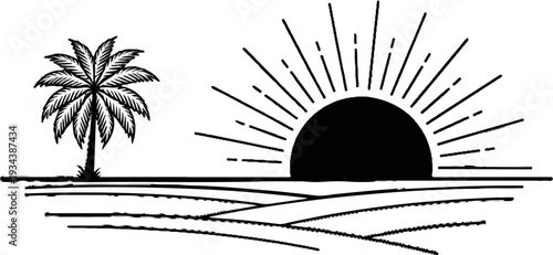 Silhouette of a palm tree and a rising sun over rolling hills