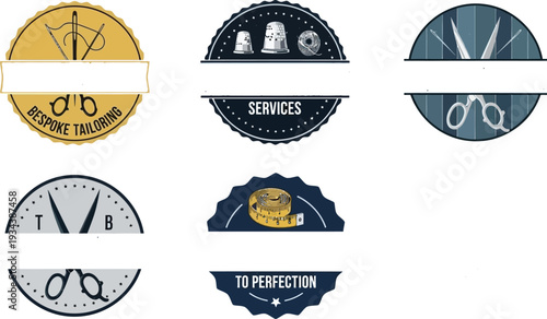 Collection of vintage round emblems featuring tailoring tools like needles, scissors,.