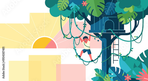 Boy swinging on jungle vines near treehouse at sunrise, flat design
