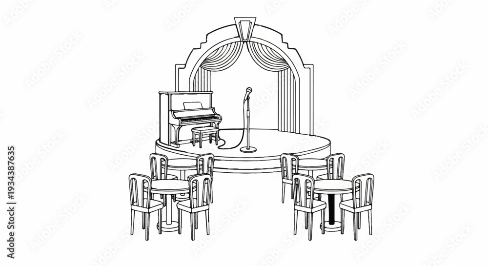 Naklejka premium Stage setup with piano, microphone, and audience seating