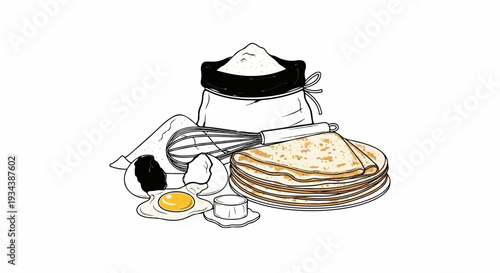 Stacked crepes, whisk, cracked egg, and a bag of flour